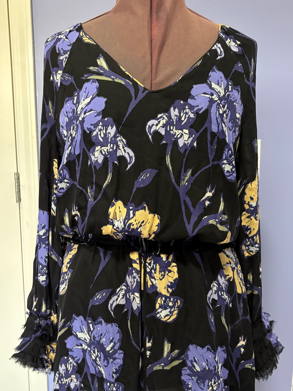 Ramy Brook Milene Floral V-Neck Silk Long Sleeve Ruffle Mini Dress